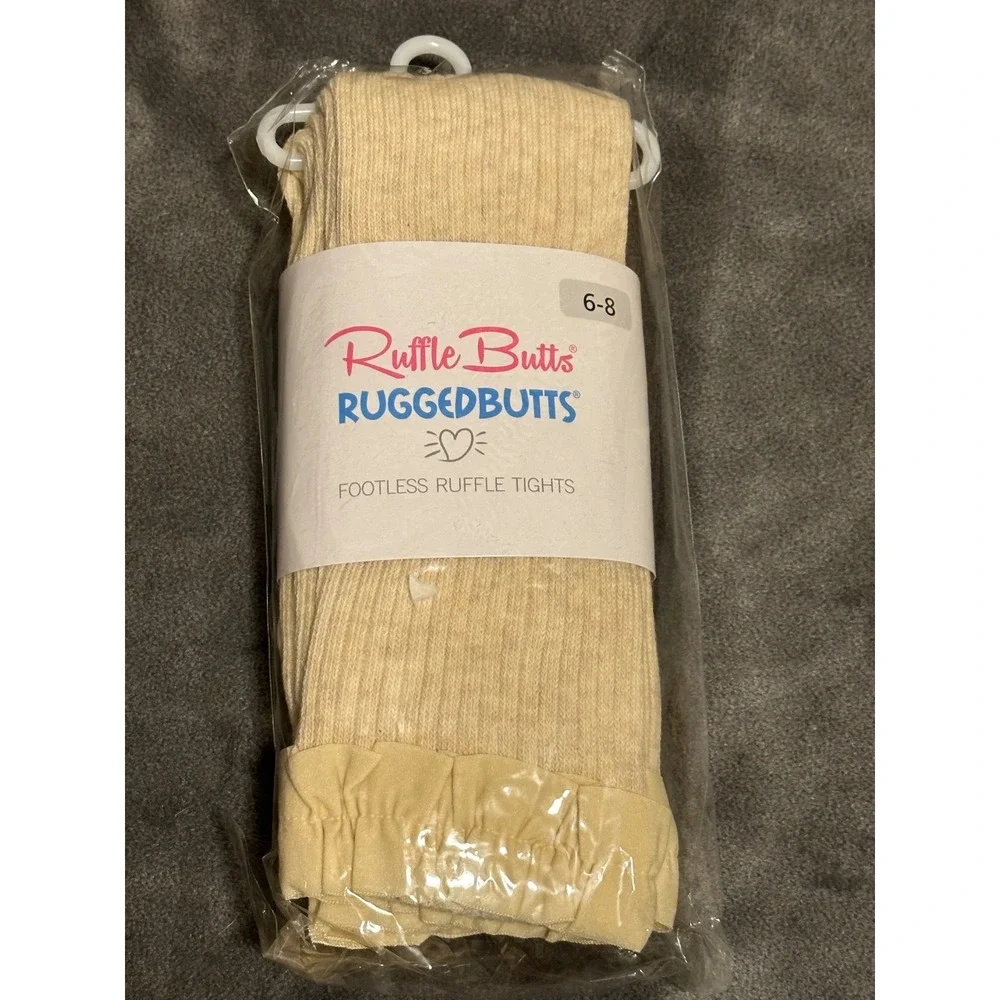 RuffleButts Girls Ribbed Footless Ruffle Tights Oatmeal Beige Size 6-8 NIP